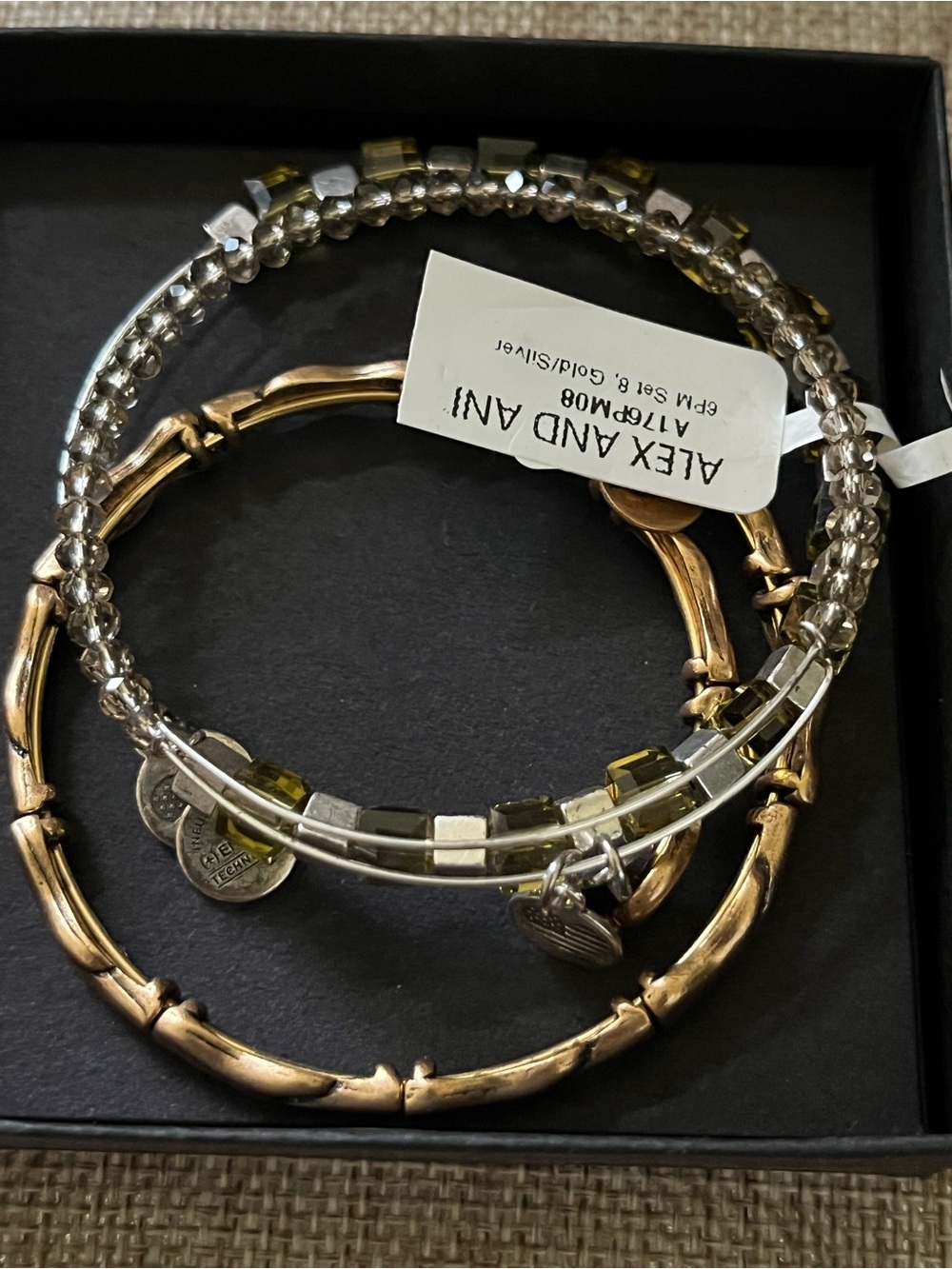 Alex and Ani Gold and Silver Mixed Metal Bracelet Trio with Olive-Green Beads - Picture 9 of 10